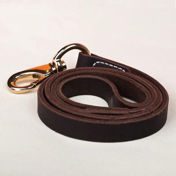 Cowhide dog leash medium and large dog dog golden edging  - Dark brown