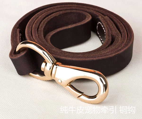 Cowhide dog leash medium and large dog dog golden edging  - Dark brown