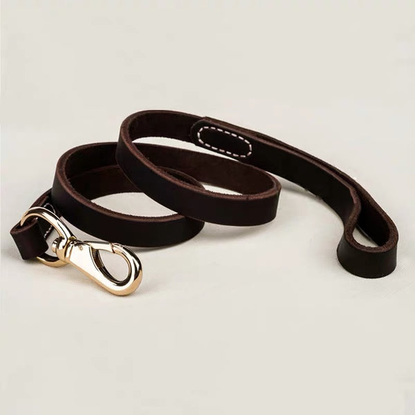Cowhide dog leash medium and large dog dog golden edging  - Dark brown